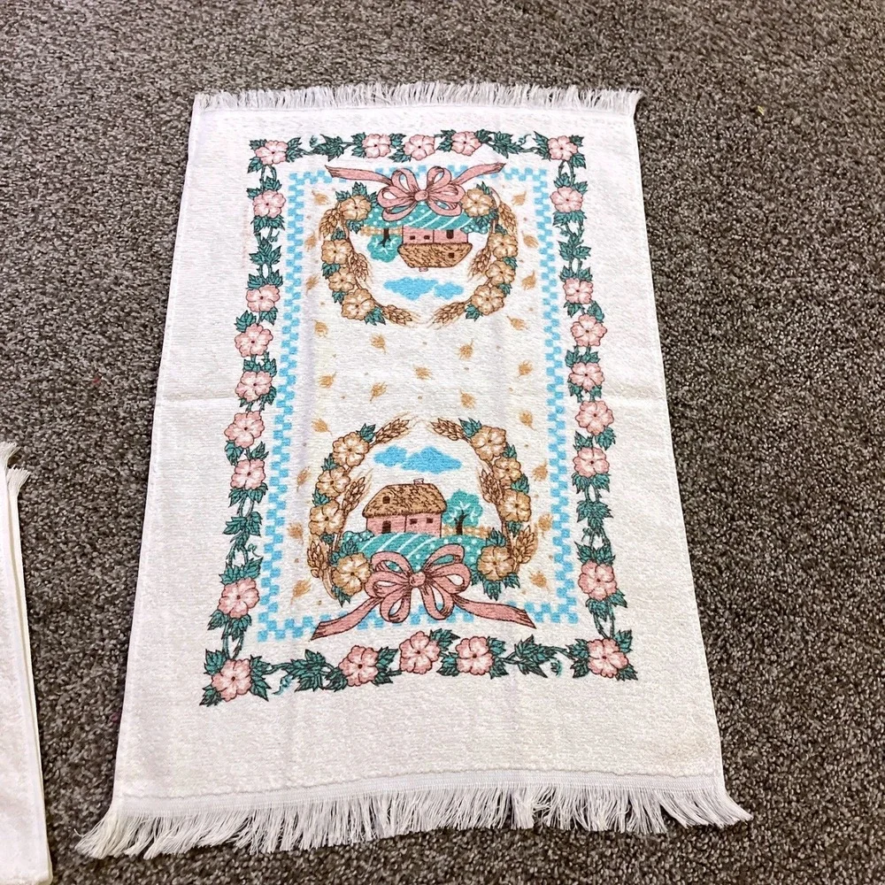 VTG CANNON Hand Kitchen Towel Fringe 70s NOS Farmhouse Barn Flower Bow Wheat‎